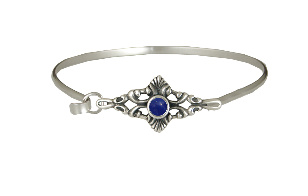 Sterling Silver Victorian Strap Latch Spring Hook Bangle Bracelet With Lapis Lazuli